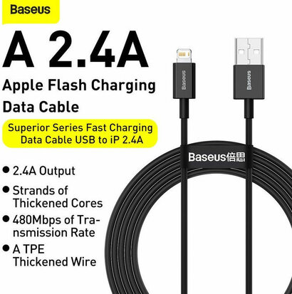 Baseus Superior Series USB naar Apple Lightning 2.4A Zwart 1 Meter