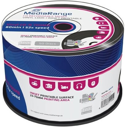 MediaRange CD-R 700 MB Inkjet Printable Black Vinyl 50 Stuks