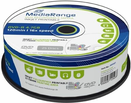 MediaRange DVD-R 4.7 GB Inkjet Printable 25 stuks