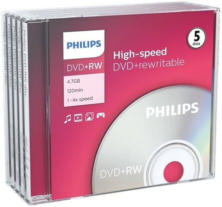 Philips DVD+RW 4.7 GB in jewel case 5 stuks